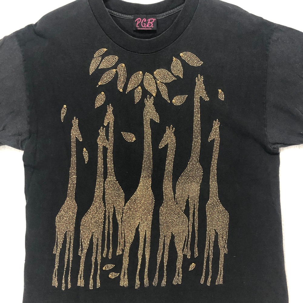 P.G.B. Black Studded Giraffe Graphic T-Shirt Gold Leaf Embellished Cuffed Sleeve